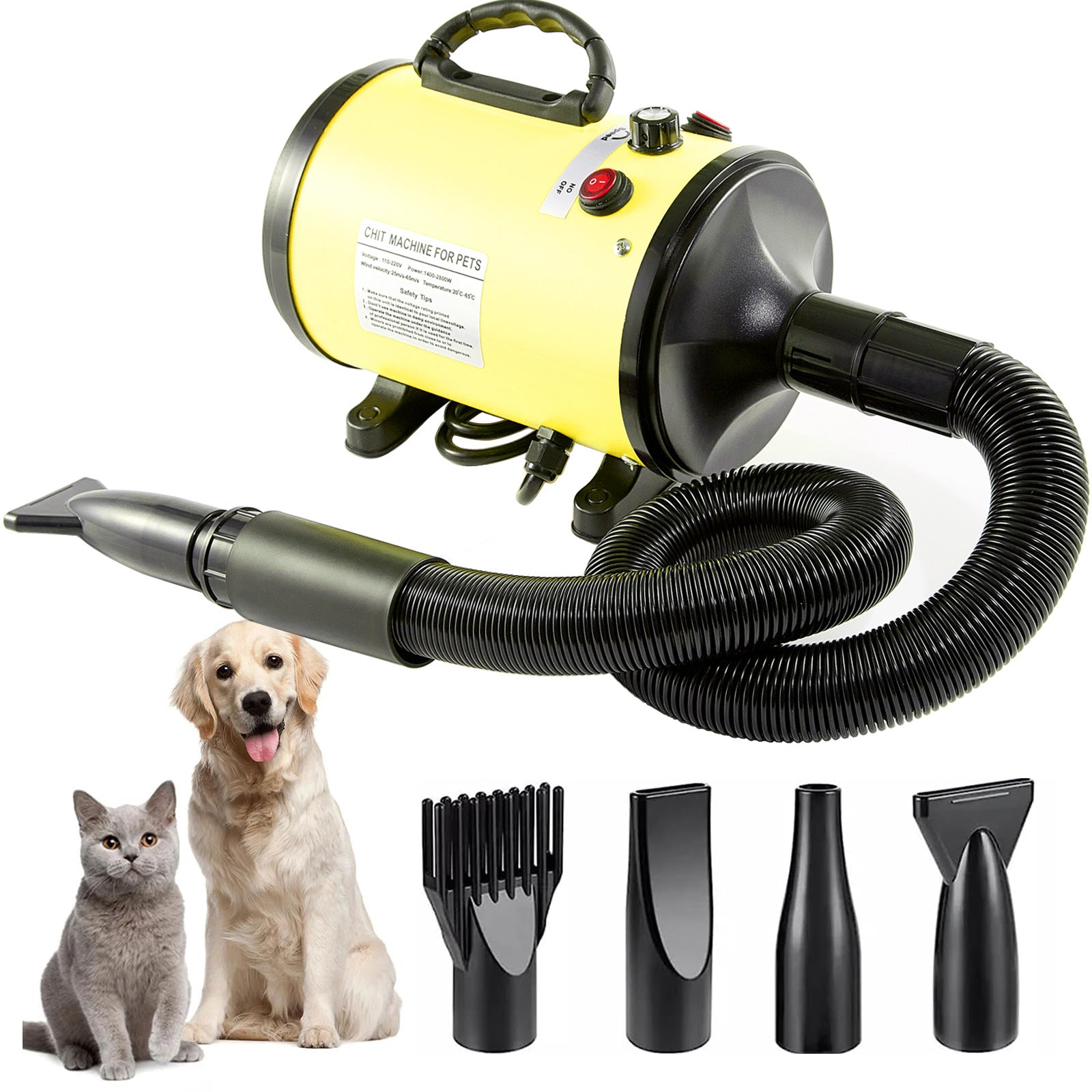 Pet Hair Dryer with Multiple Nozzles - Powerful and Quiet for Dogs and Cats Yellow