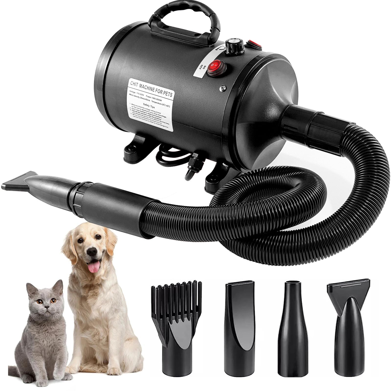 Pet Hair Dryer with Multiple Nozzles - Powerful and Quiet for Dogs and Cats Black