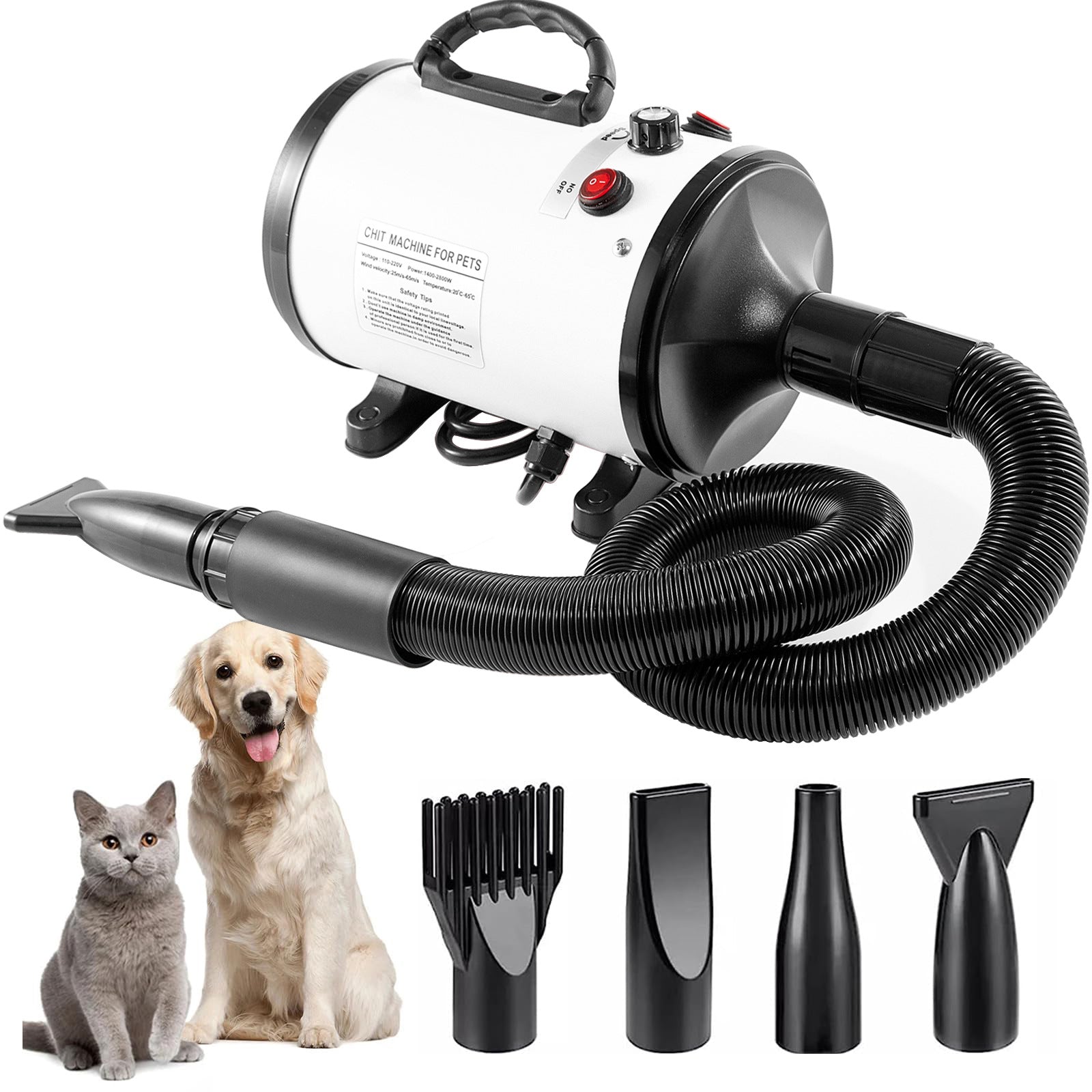 Pet Hair Dryer with Multiple Nozzles - Powerful and Quiet for Dogs and Cats White