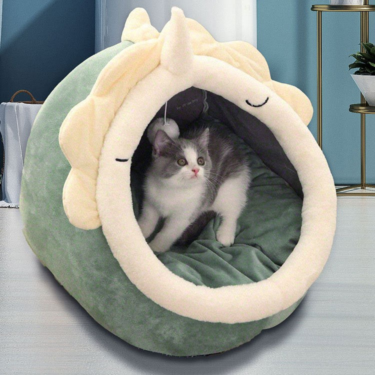 Green Half-Enclosed Cat Bed - Soft Short Velvet Fabric with Sponge + PP Cotton Filling, M Size 35x35x30cm