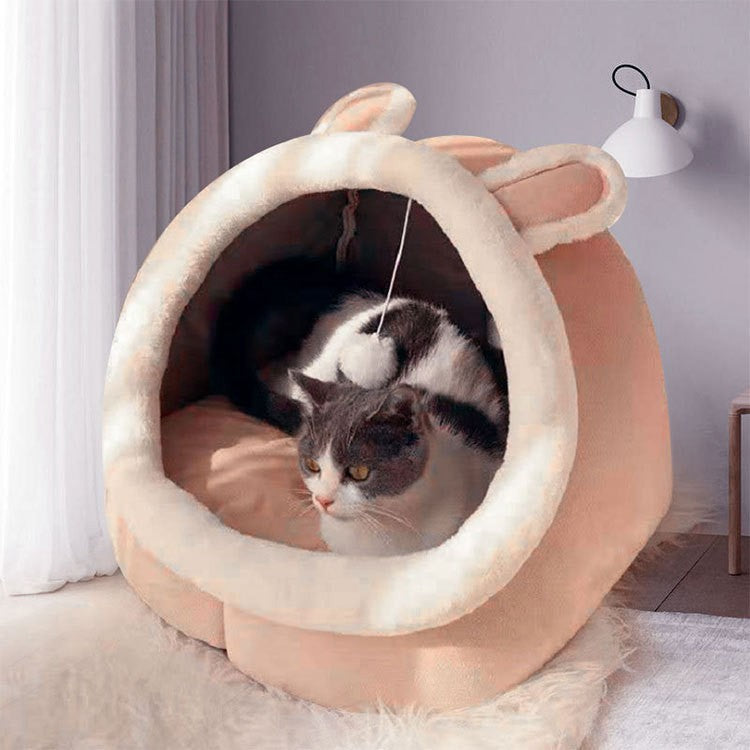 Pink Half-Enclosed Cat Bed - Soft Short Velvet Fabric with Sponge + PP Cotton Filling, S Size 28x28x30cm