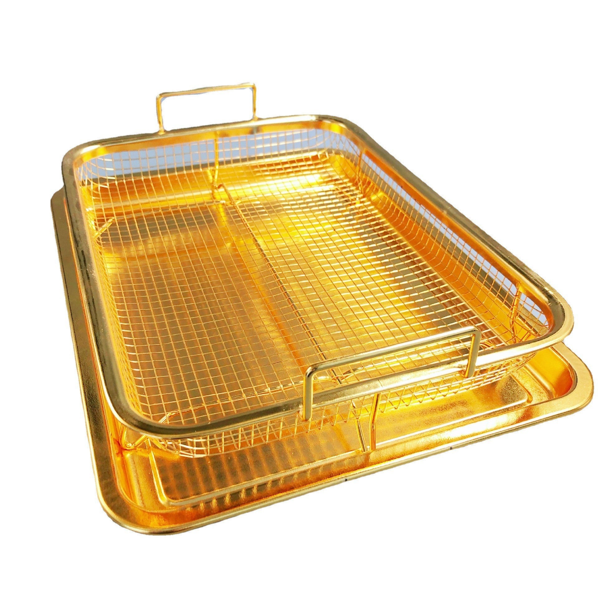 BBQ Square Non-Stick Stainless Steel Grill Basket - Gold Color, Small Size 30*22*5.5 cm, Ideal for Grilling Meat and Vegetables