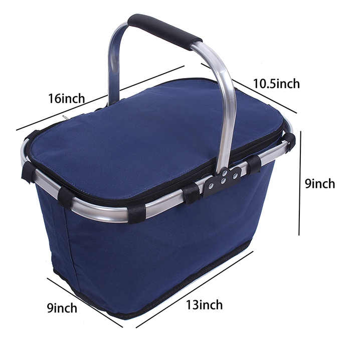 Blue Portable Picnic Basket - Foldable Insulated Outdoor Shopping Basket, Meal Delivery & Takeout Carrier