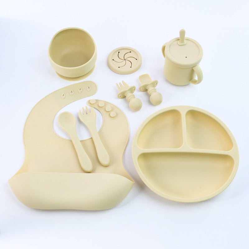 Beige 8-Piece Silicone Children's Tableware Set - BPA-Free Baby Feeding Utensils with Fork, Spoon, Cup, Bowl, and Bibs