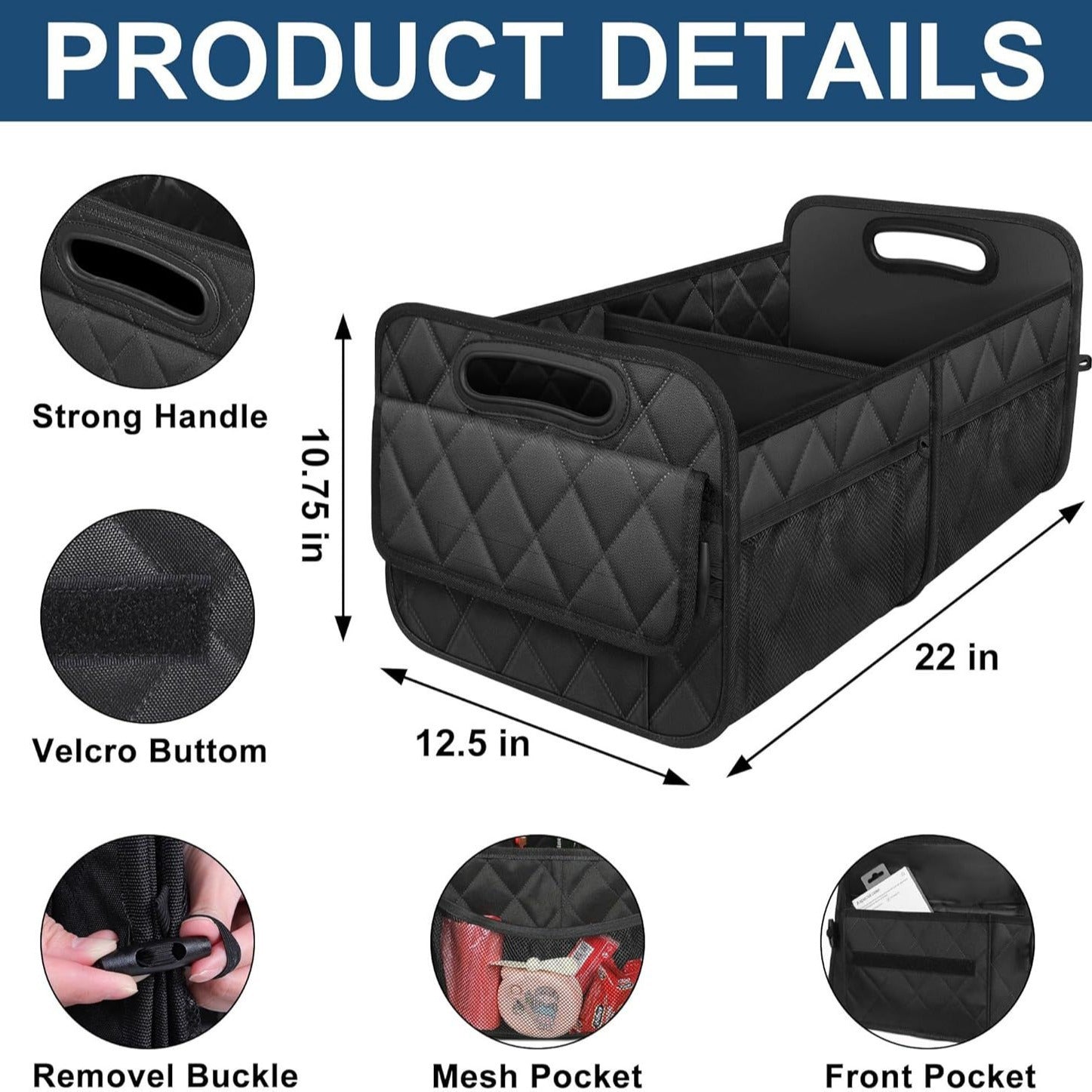 Black Foldable Car Trunk Storage Box with Multiple Compartments - Large Capacity Collapsible Organizer for Car