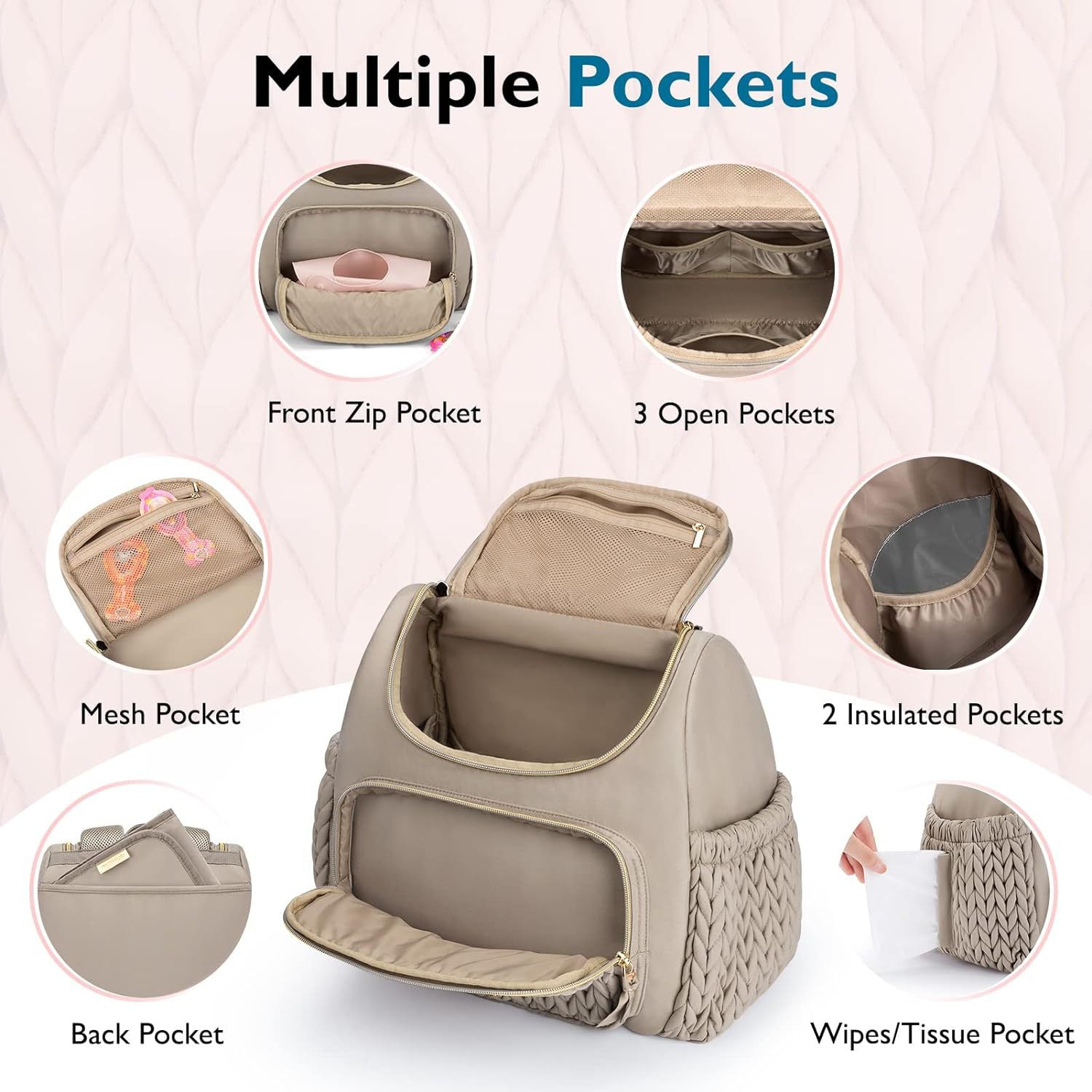 Brown Travel Backpack with Diaper Changing Mat - Small Size, Insulated Pocket,Perfect for Moms on the Go