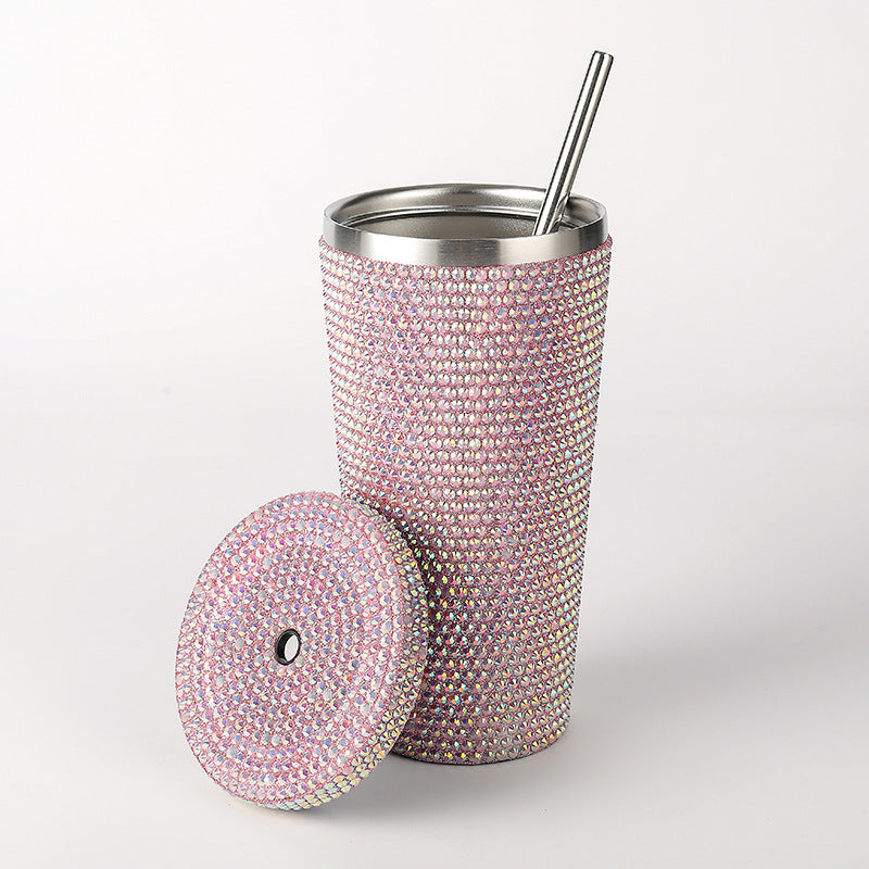 Diamond-Inlaid Insulated 304 Stainless Steel Cup with Straw - Double-Walled, Rhinestone Coffee Mug, Gift Cup for Beverages