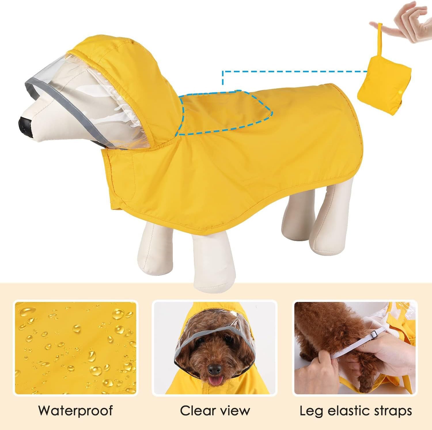 XS Yellow Reflective Adjustable Pet Raincoat with Hood â€“ Waterproof Dog Jacket, Adjustable Dog Poncho for Outdoor Protection