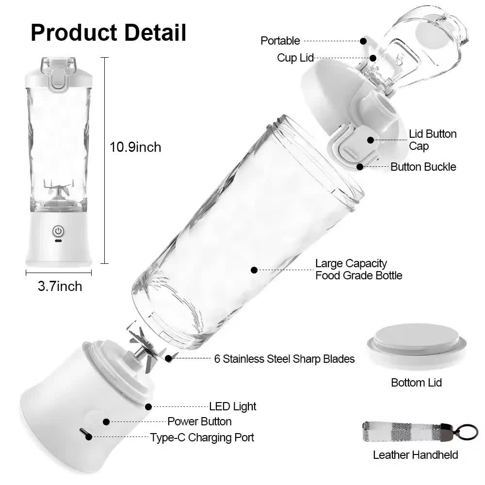 White 600ml Large Capacity Juicer Cup - Rechargeable Portable Multifunctional Ice Crushing & Fruit Blender