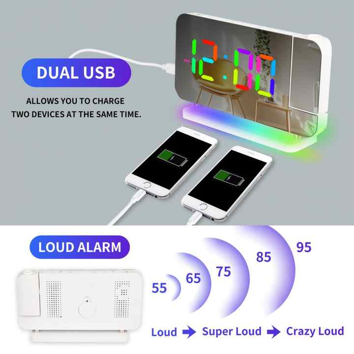 Black RGB LED Projection Alarm Clock, Multi-Color Night Light with Snooze Function, Home Decor Digital Clock