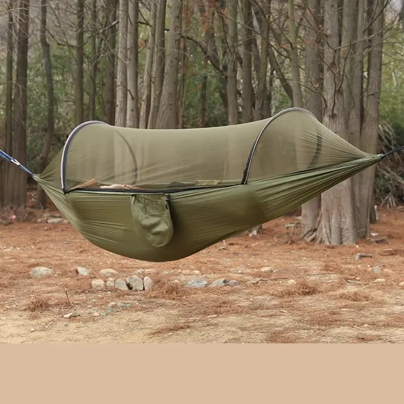 Military Green Outdoor Camping Hammock with Mosquito Net, Anti-Tip Nylon Fabric, Single/Double Person Quick-Setup Hammock