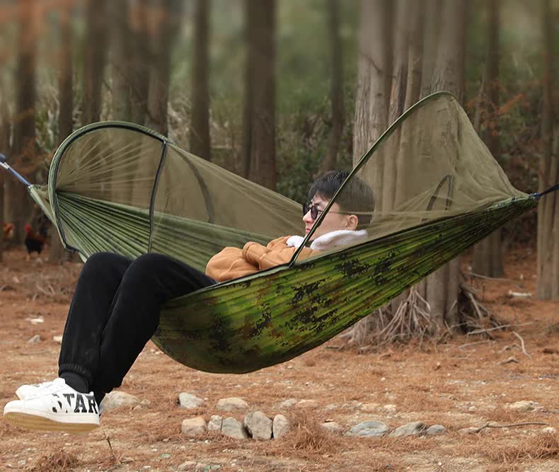 Blue Outdoor Camping Hammock with Mosquito Net, Anti-Tip Nylon Fabric, Single/Double Person Quick-Setup Hammock