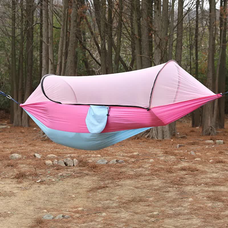 Pink Outdoor Camping Hammock with Mosquito Net, Anti-Tip Nylon Fabric, Single/Double Person Quick-Setup Hammock