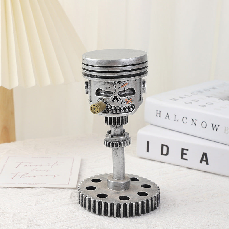 Piston Skull Face Sculpture, Resin Gear Decor, Industrial Style Home Decoration