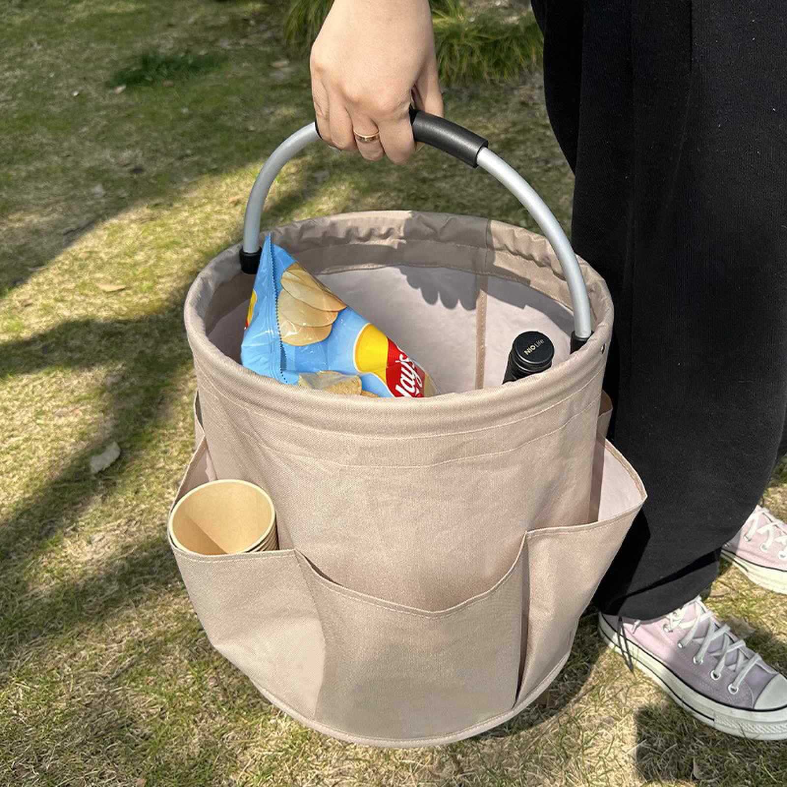 Green Portable Picnic Basket, Foldable Outdoor Beach Basket with Handle, Multi-Use Storage and Wash Bag