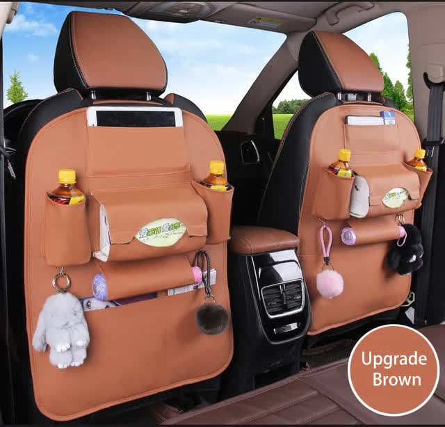 Chocolate Leather Car Backseat Organizer with Foldable Tray Table & Trash Bag - Multi-functional Car Storage Solution