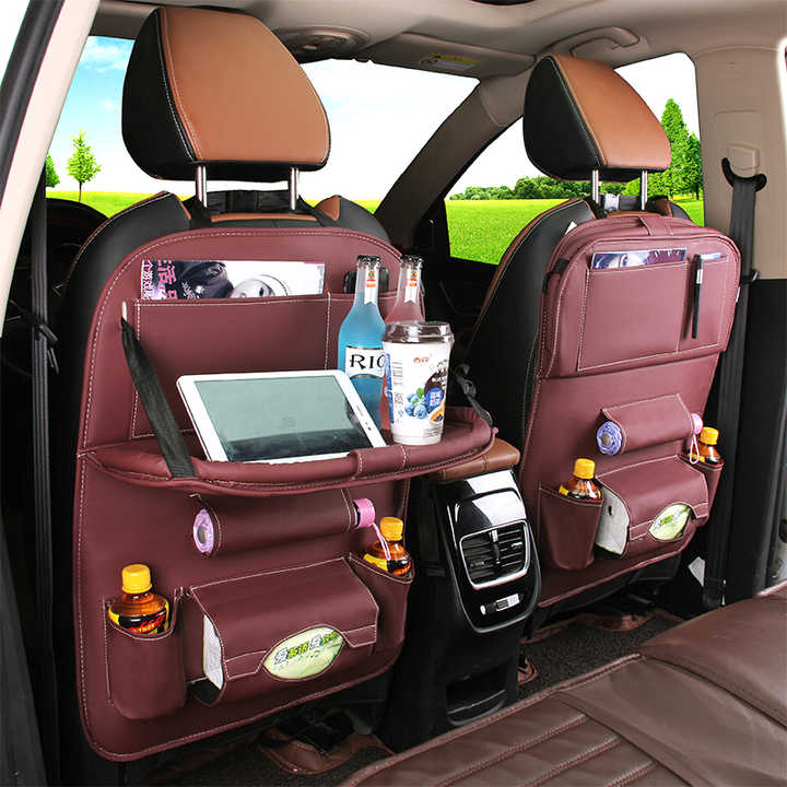 Chocolate Leather Car Backseat Organizer with Foldable Tray Table & Trash Bag - Multi-functional Car Storage Solution