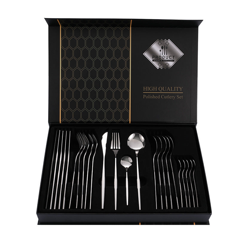 Silver Color Premium 24-Piece Stainless Steel Cutlery Set  Elegant Golden Steak Knife, Fork, and Spoon Set in Luxury Gift Box