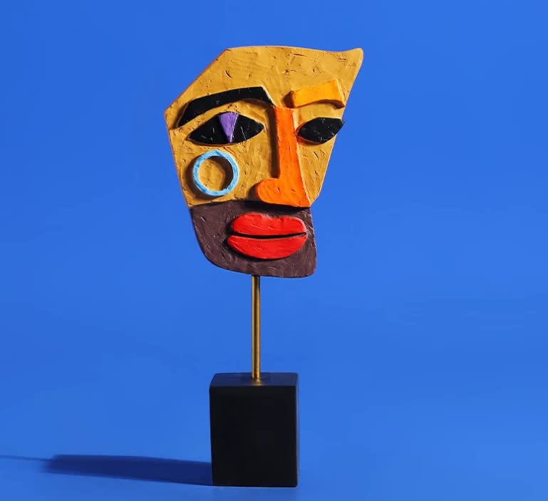 Yellow Modern Abstract Man Facce Sculpture - Colorful Resin Art Statue for Home & Office Decor