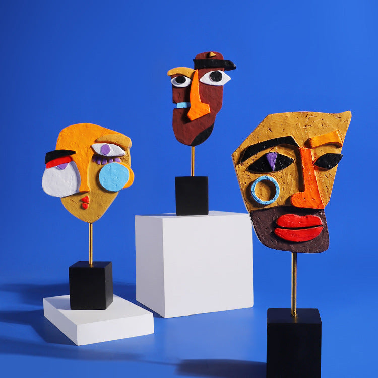 Yellow Modern Abstract Man Facce Sculpture - Colorful Resin Art Statue for Home & Office Decor