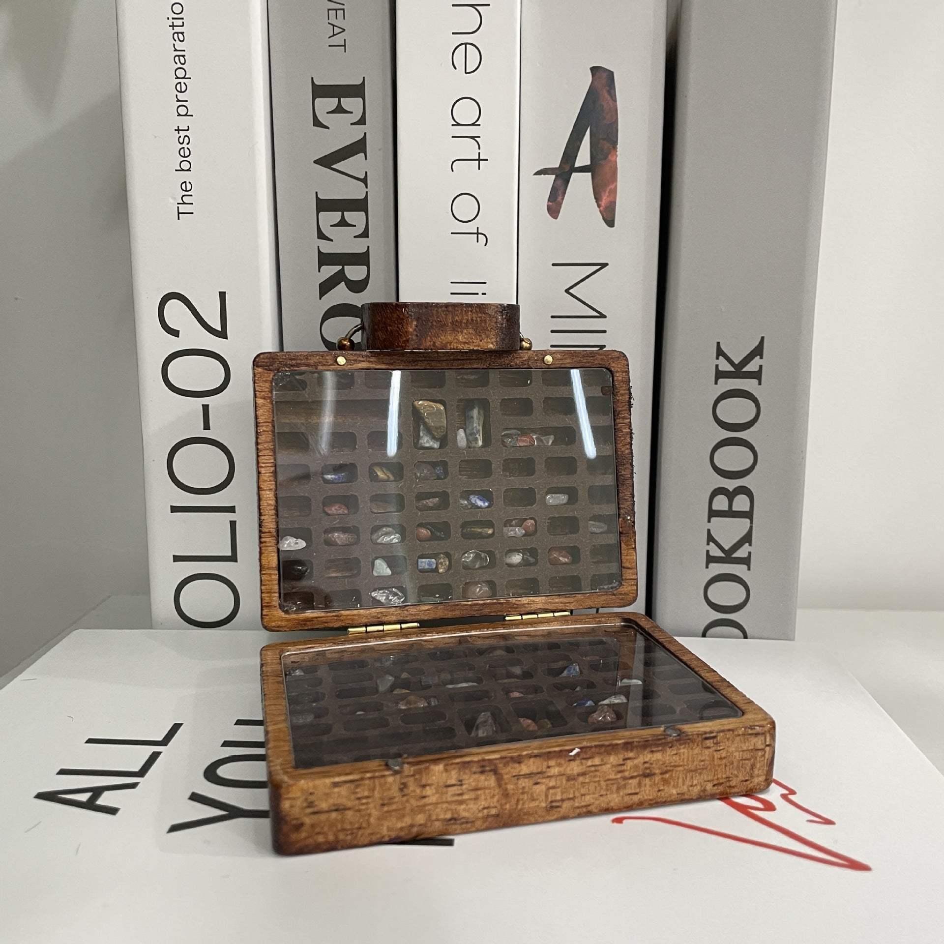 Brown Vintage Wooden Display Box  Glass Lid Organizer for Rocks, Jewelry, and Collectibles