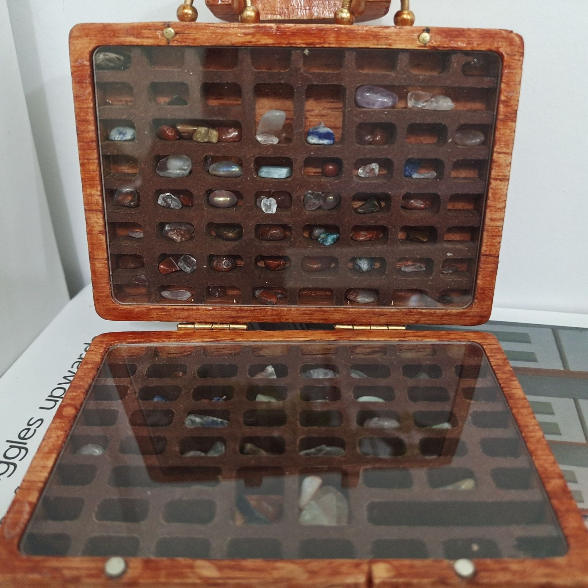 Brown Vintage Wooden Display Box  Glass Lid Organizer for Rocks, Jewelry, and Collectibles