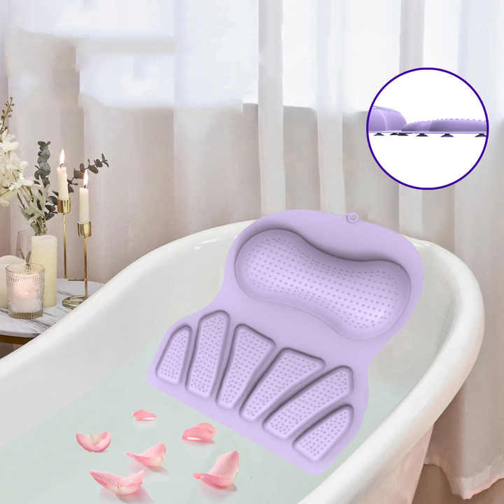 Pink Silicone Bath Pillow - Ergonomic Design with Suction Cups for Comfortable Bathtub Support