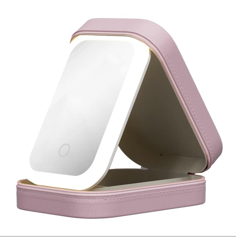 Pink LED Jewelry Box with Mirror - Smart Light Adjustment and Dual Power Charging for Travel and Home