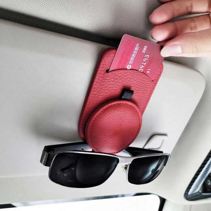 Brown Multifunctional Car Sun Visor Glasses Clip with Card Holder - Compact and Convenient