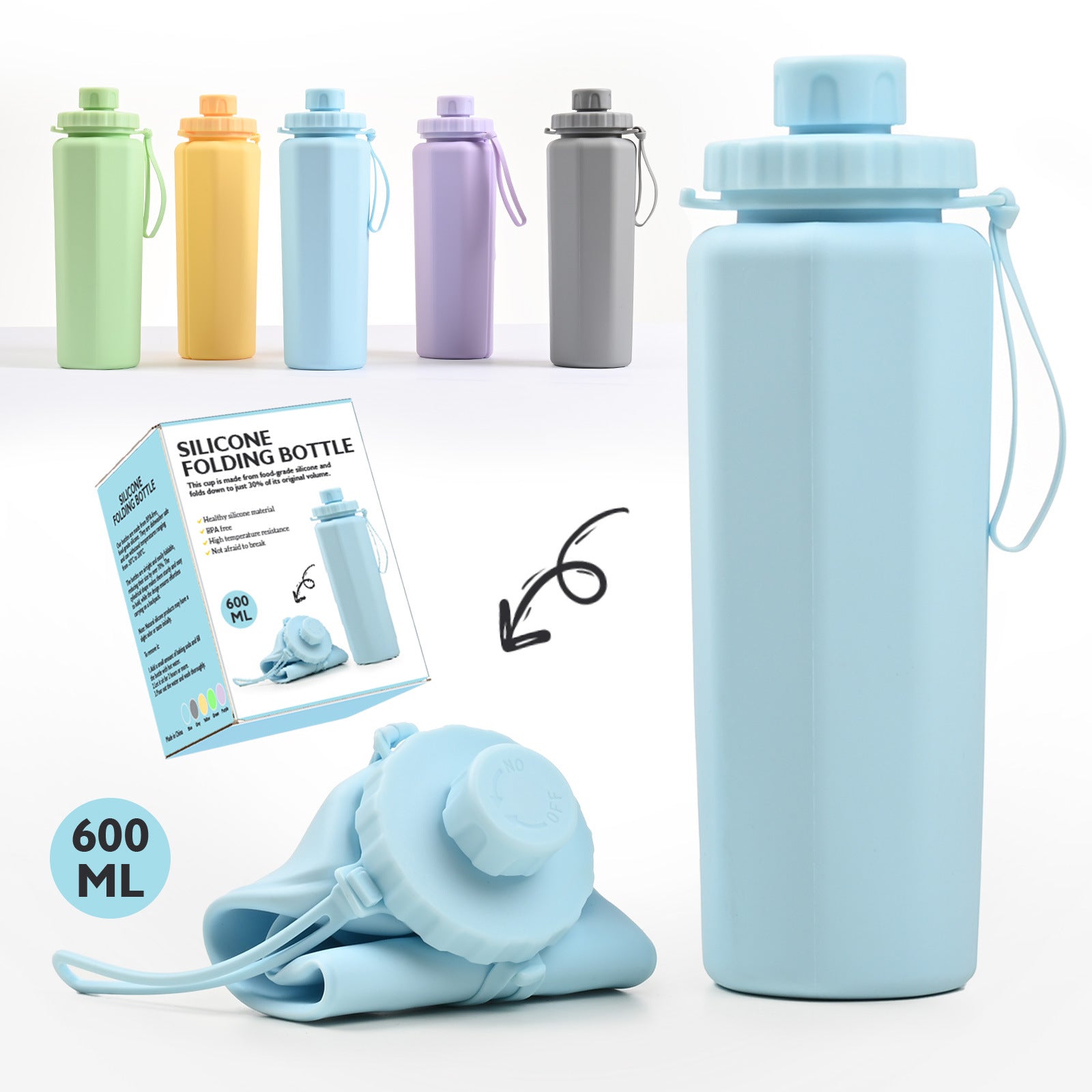 Grey 600ml Silicone Collapsible Water Bottle - Portable and Eco-Friendly Hydration Solution