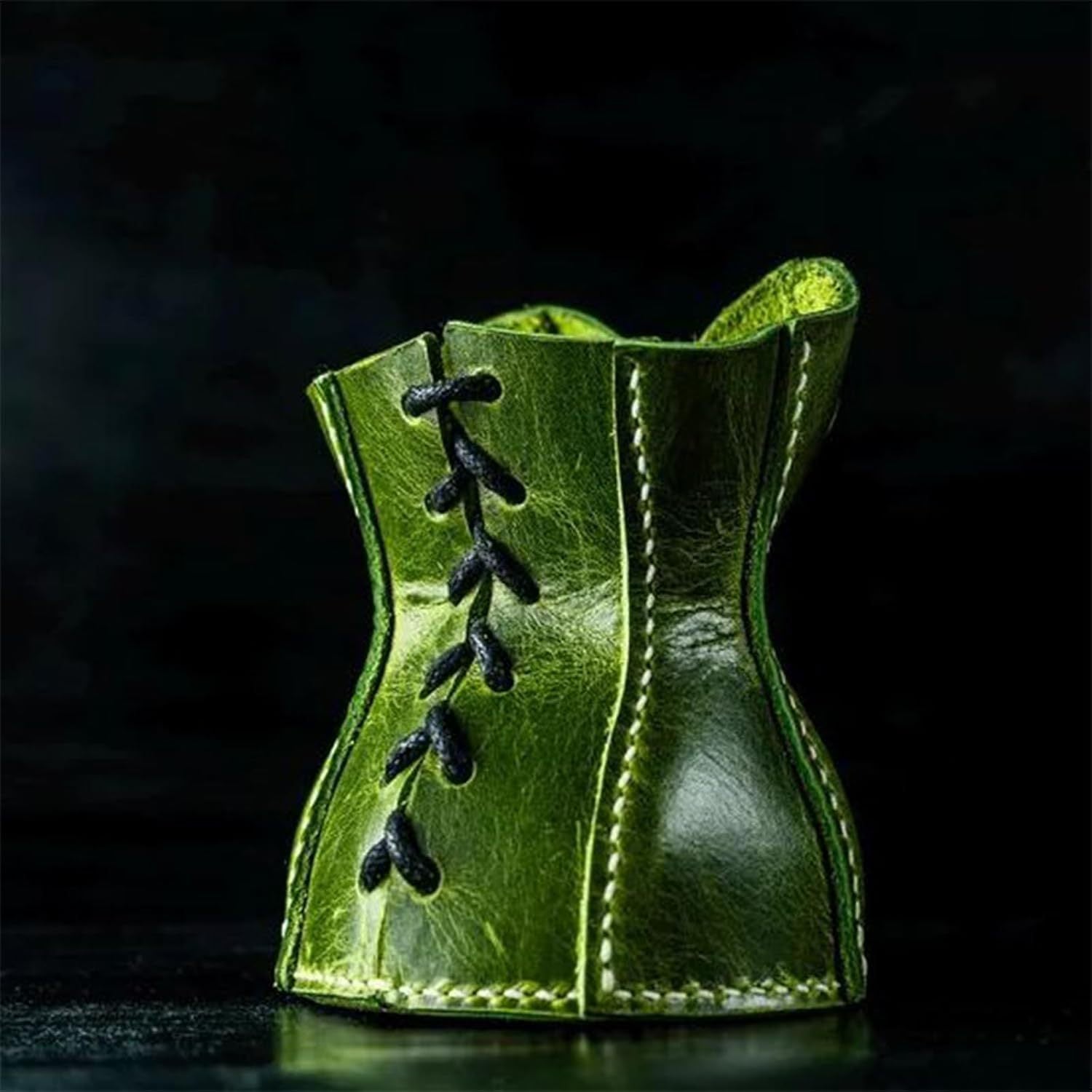 Green Leather Corset Pencil Holder - Handmade Vintage Desktop Organizer