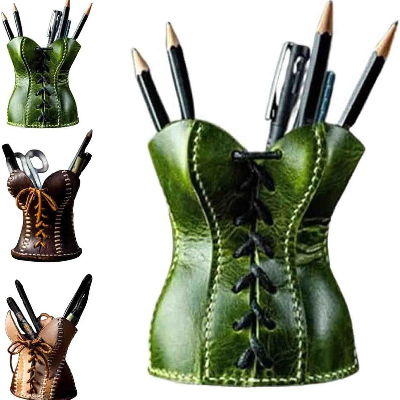 Green Leather Corset Pencil Holder - Handmade Vintage Desktop Organizer