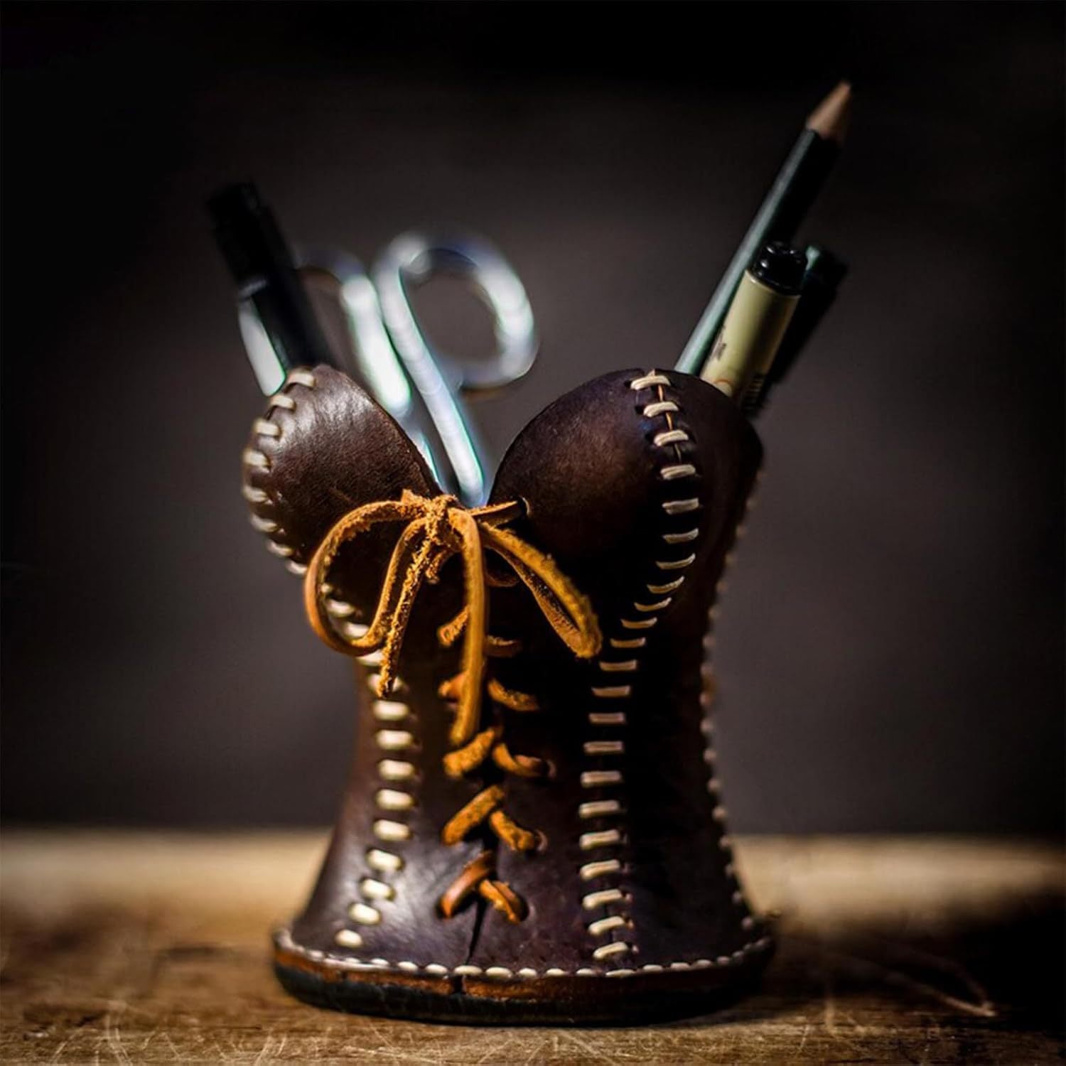 Brown Leather Corset Pencil Holder - Handmade Vintage Desktop Organizer