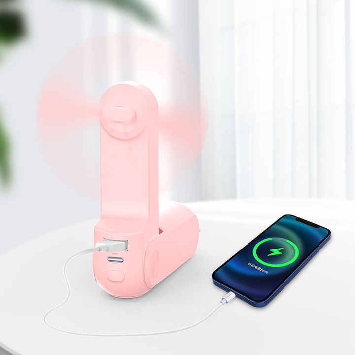 Pink Portable Foldable Mini Fan with USB Power Bank