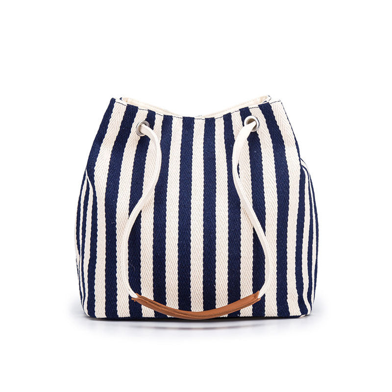 Blue Stripes Canvas Bucket Tote Bag with Leather Handle