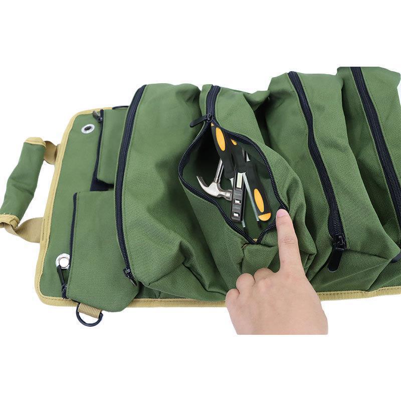 Khaki Portable Roll-Up Tool Organizer with Zippered Pockets