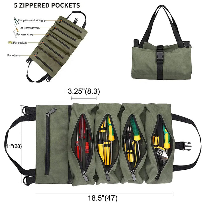 Green 5-Pocket Roll-Up Tool Bag Organizer