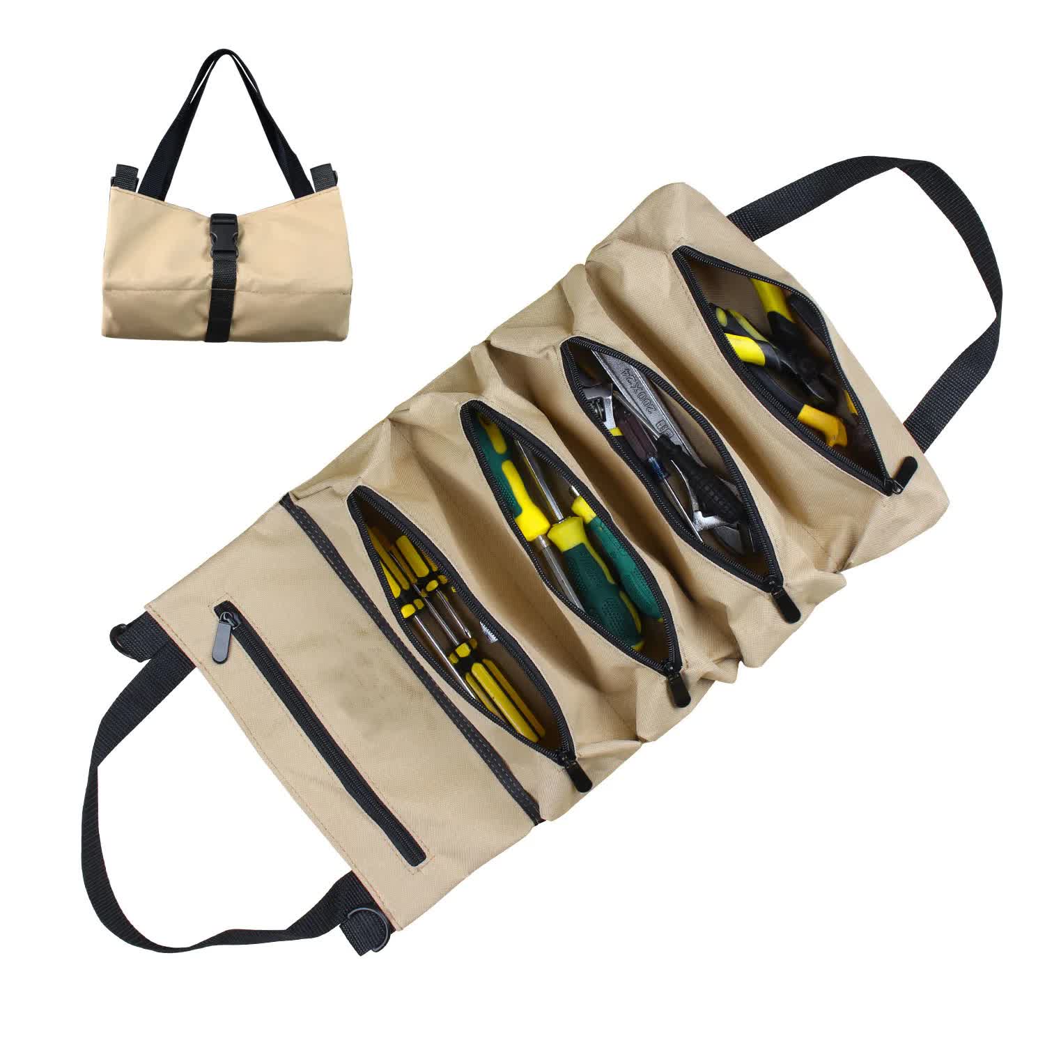 Khaki 5-Pocket Roll-Up Tool Bag Organizer