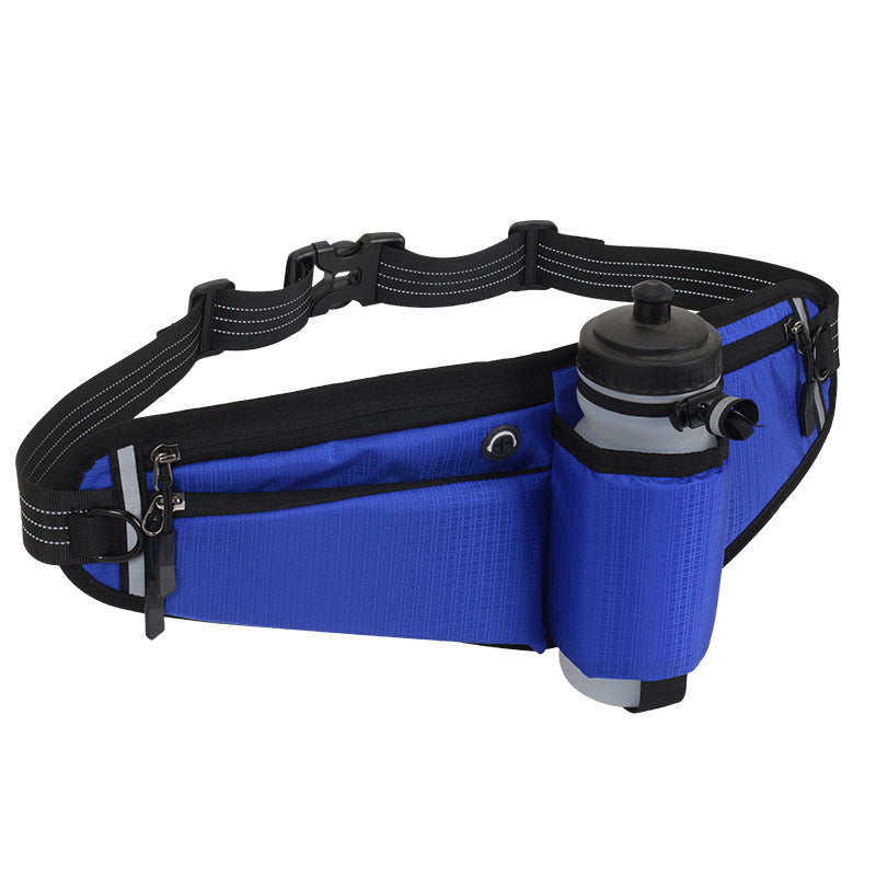 Blue Adjustable Running Waist Pack with Water Bottle Holder, Reflective Design, and Multiple Storage Pockets for Outdoor Activities