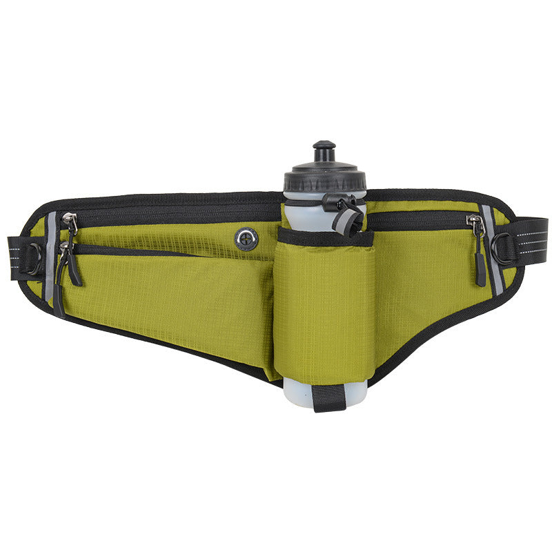 Green Adjustable Running Waist Pack with Water Bottle Holder, Reflective Design, and Multiple Storage Pockets for Outdoor Activities