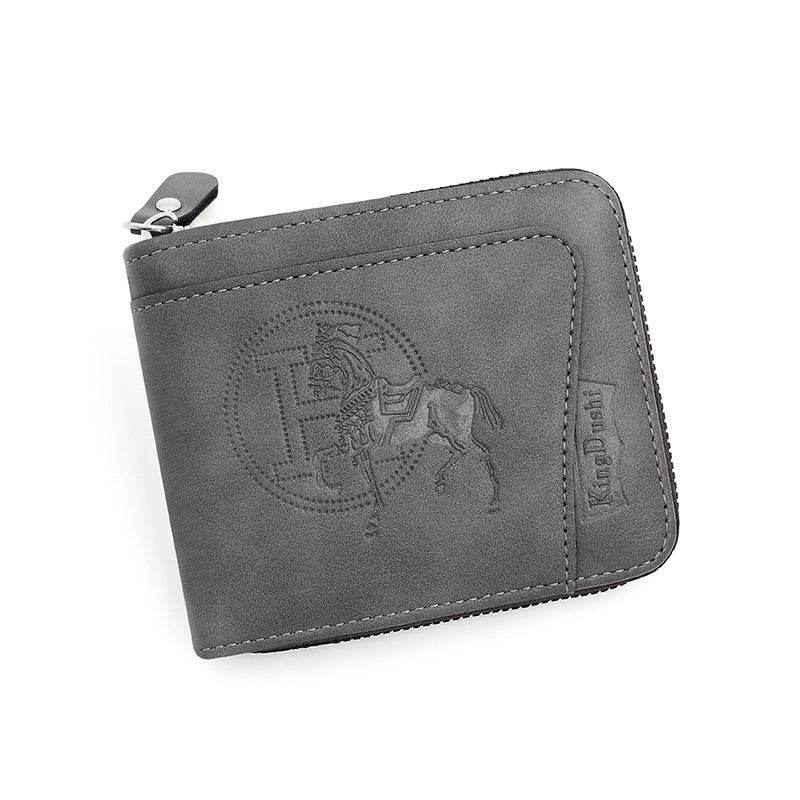 Grey Men's PU Leather Wallet with Zipper and Horse Embossed Design -  Compact and Stylish