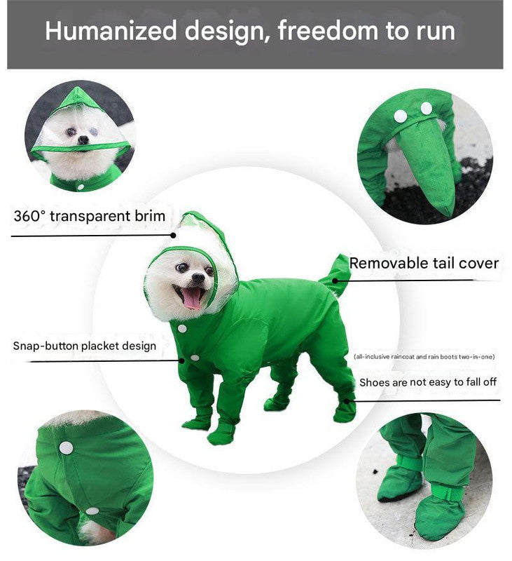 L Green Waterproof Full-Cover Pet Raincoat with Hood and Booties