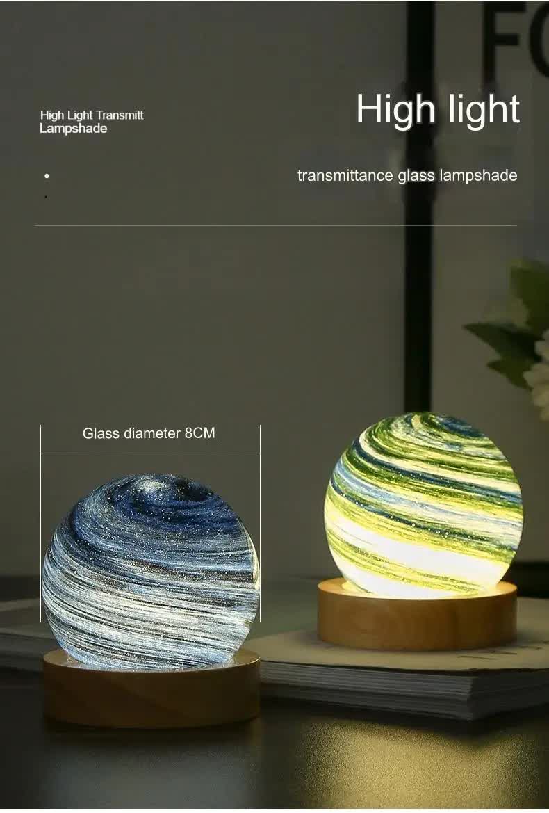 Starry Sky LED Planet Night Light with Wooden Base, USB Rechargeable