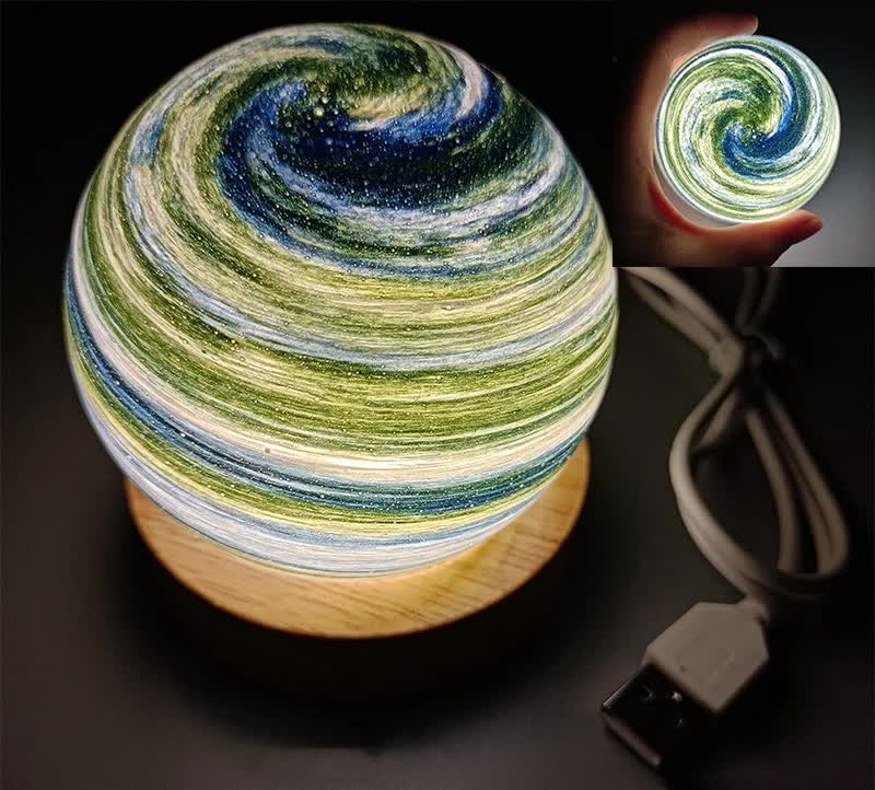 Aurora LED Planet Night Light with Wooden Base, USB Rechargeable