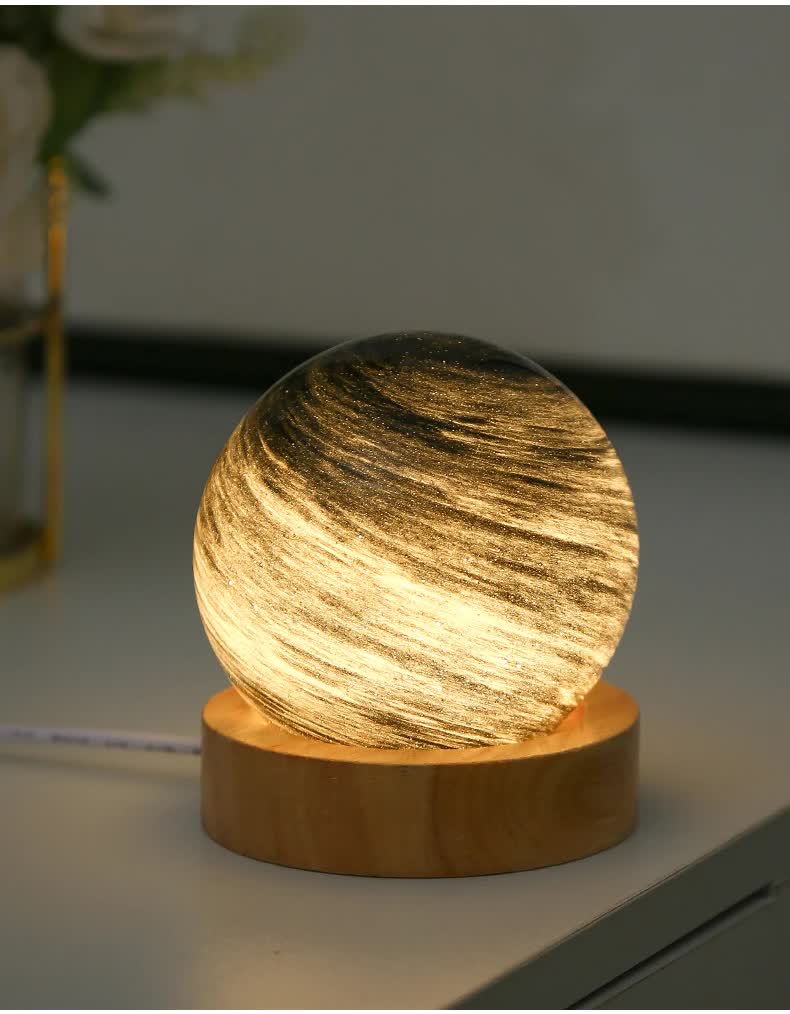 Aurora LED Planet Night Light with Wooden Base, USB Rechargeable