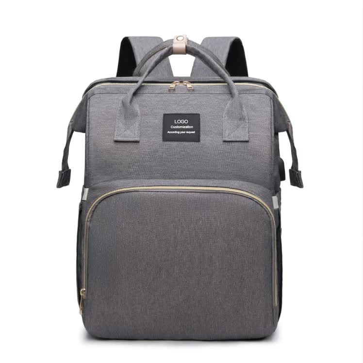 Grey Portable Mommy Bag with Baby Crib  Multi-Function Baby Diaper Backpack, Lightweight and Large Capacity for Moms