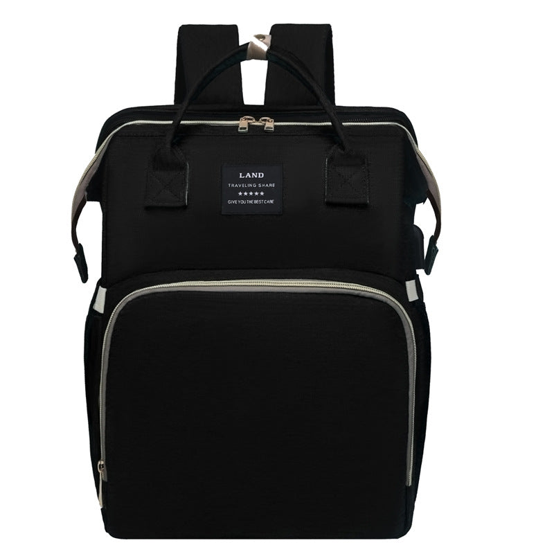 Black Portable Mommy Bag with Baby Crib  Multi-Function Baby Diaper Backpack, Lightweight and Large Capacity for Moms