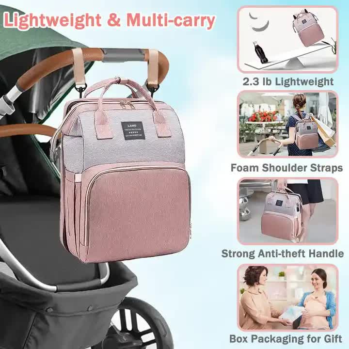 Pink Portable Mommy Bag with Baby Crib  Multi-Function Baby Diaper Backpack, Lightweight and Large Capacity for Moms