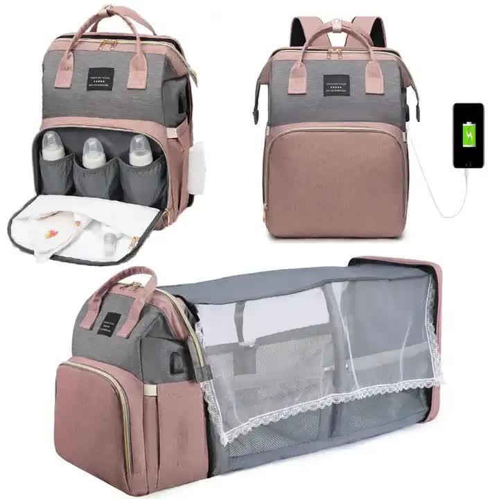 Pink Portable Mommy Bag with Baby Crib  Multi-Function Baby Diaper Backpack, Lightweight and Large Capacity for Moms