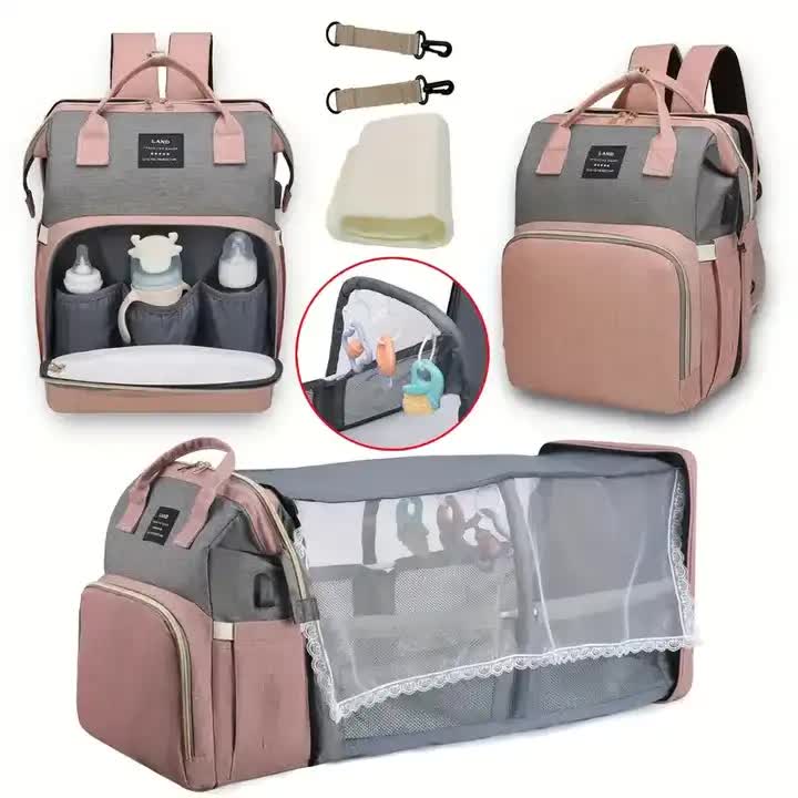 Pink Portable Mommy Bag with Baby Crib  Multi-Function Baby Diaper Backpack, Lightweight and Large Capacity for Moms